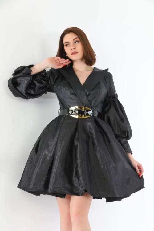 Black Metallic Organza Pleated Mini Dress with Belt