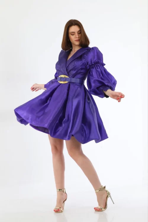 Purple Metallic Organza Pleated Mini Dress with Belt