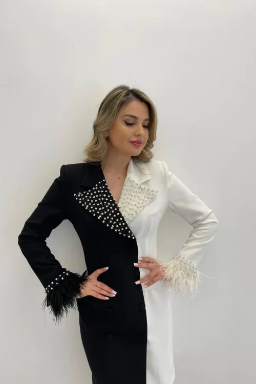 White Black Rhinestones Embellished Feathered Blazer Dress