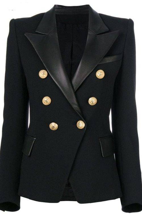 Quality European Design PU Leather Collar Slim Black Blazer