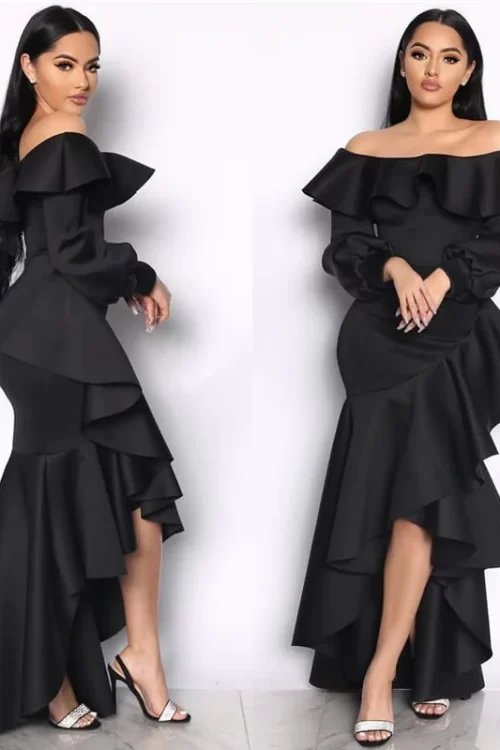 Women Elegant Off-The-Shoulder Flouncing Irregular Hemline Party Dress