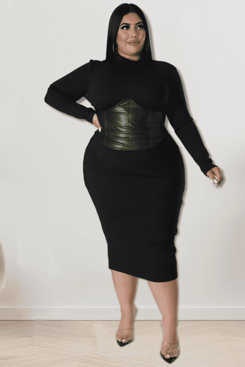 Women Plus Size Zipper PU Leather Patchwork Long Sleeve Midi Dress