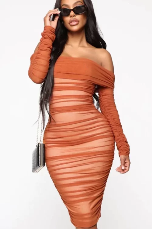 Women Sexy Solid Color Off-The-Shoulder Pleated Bodycon Dress