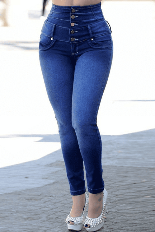 Women Five-Buckle High Waist Skinny Jeans