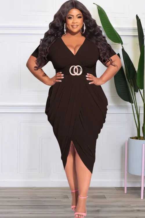 Women Elegant Short Sleeves Solid Color V Neck Side-Slit Plus Size Dress Without Belt