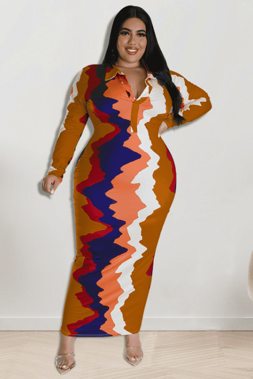 Women Plus Size Tie Dye Print Long Sleeve Lapel Maxi Dress