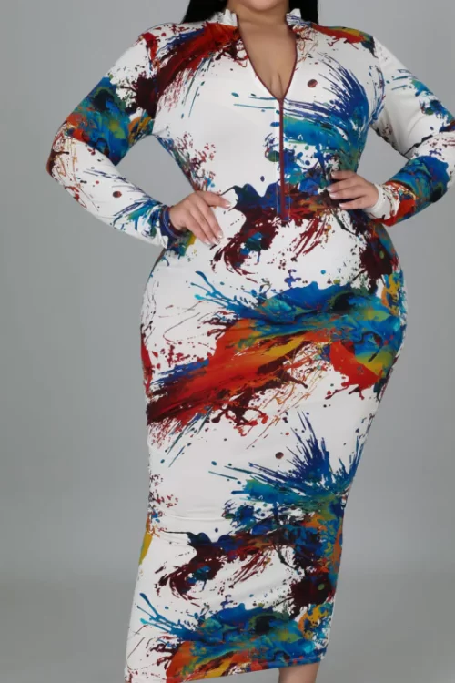 Women Plus Size Tie Dye Print Half Zipper Long Sleeve Maxi Dress