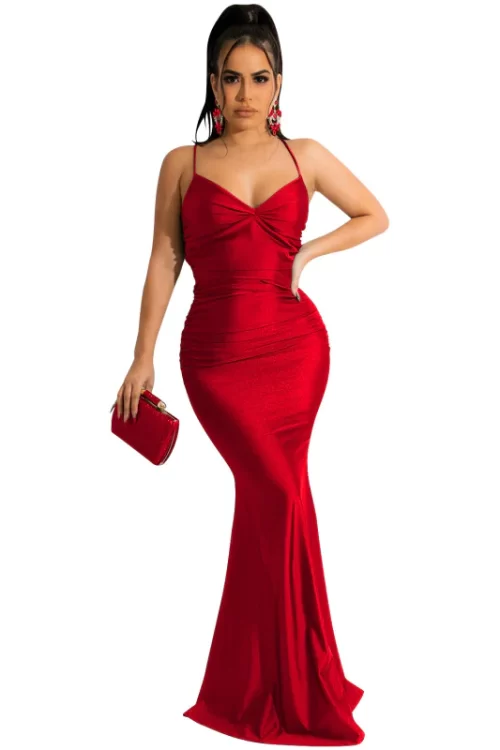 Women Elegant Sexy Solid Color Sleeveless Backless Bandage Satin Floor Length Dress