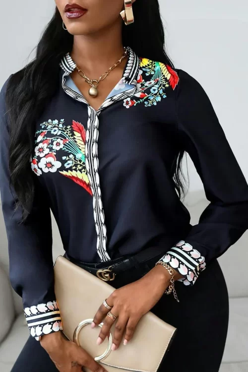 Women’s Silk Shirt Long Sleeve Shirts Blouse Pattern Black Office Party Ladies Satin Silk Blouse Tops All Sizes Shirt Top