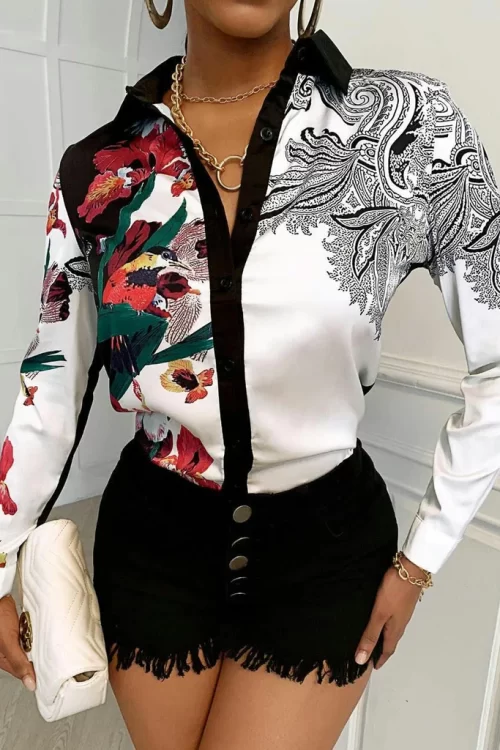 Women’s Silk Shirt Long Sleeve Flower Design Shirts Blouse Office Party Ladies Satin Silk Blouse Tops All Sizes Shirt Top