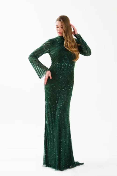 Women Couture 2021 Collection Green Rhinestones Evening Dresses High Neck Long Sleeve Mermaid Gown For Party