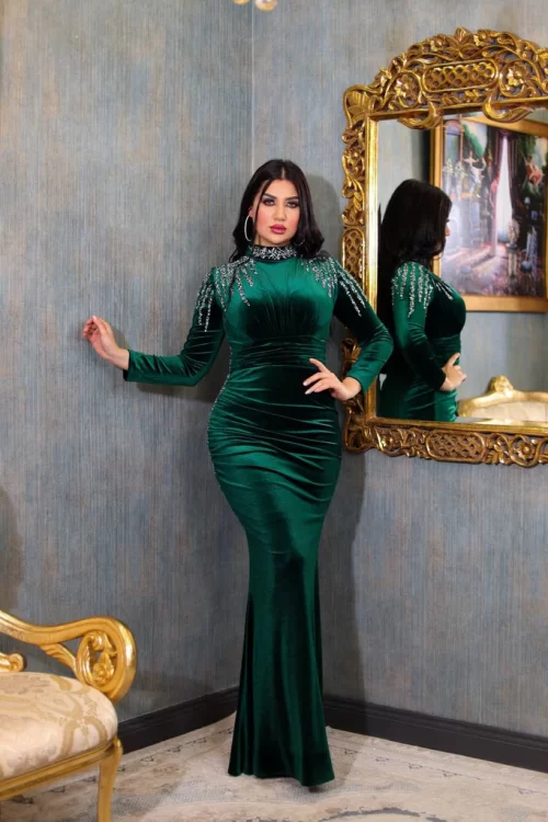 Green Embellished Long Sleeve Floor Length Evening Dress