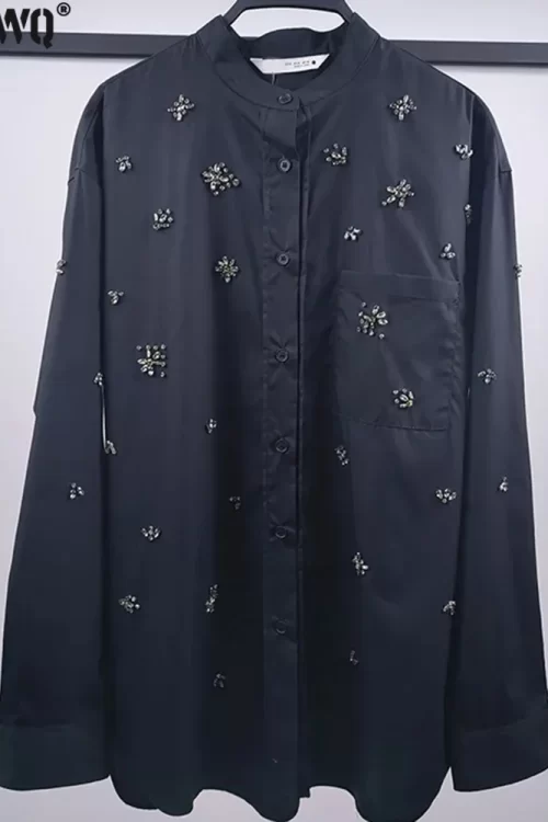 Embroidery Crystal Decorated Women Long Sleeve Single Breasted Loose Black Blouse