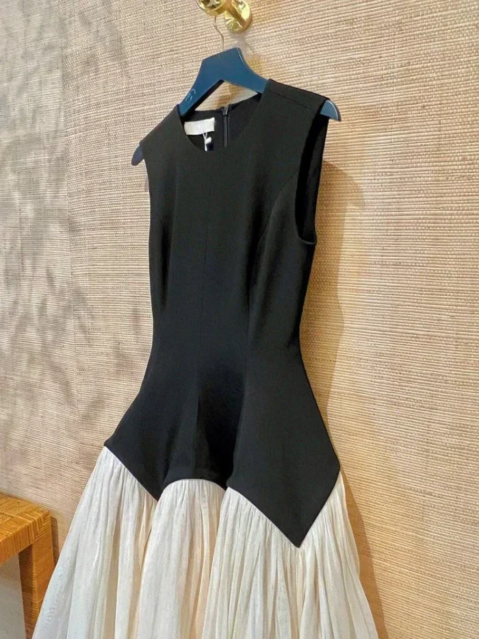 Elegant Mesh Patchwork Dress For Women Color Block Vintage Sleeveless O Neck A Line Women Summer 2