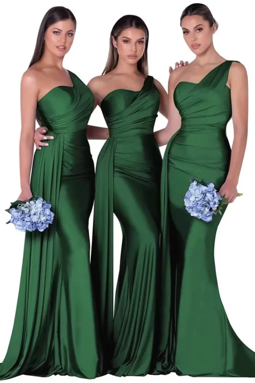 Elegant One-Shoulder Mermaid Bridesmaid Sleeveless Satin Wedding Party Gown With Train