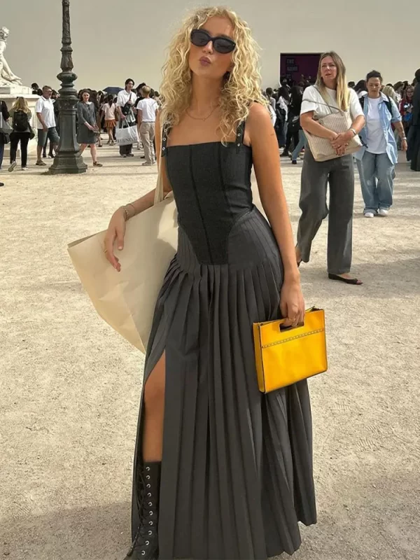 Elegant Slim Backless Sling Dress Women Fashion Solid Patchwork Slit Long Dresses 2023 Sexy Female Party 3