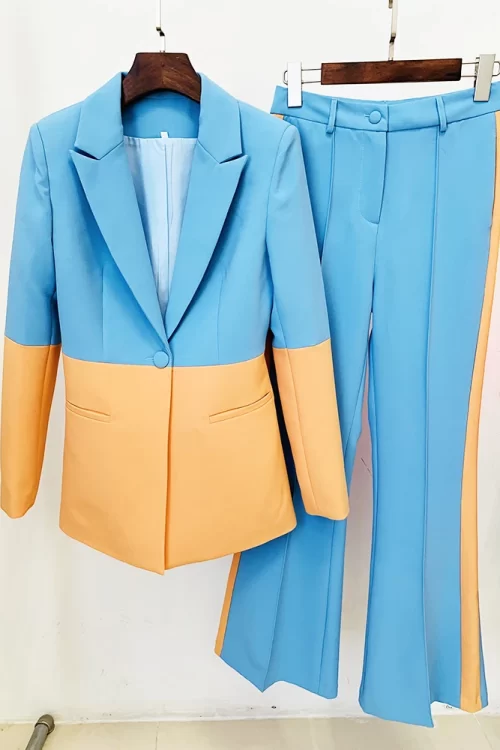 Women’s Single Button Color Block Blazer Flare Pants Suit Set