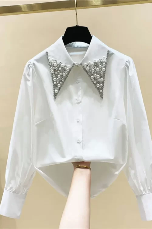 Ladies Pearls Diamonds Collar Shirt