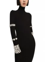 JUNE LIPS 2023 Autumn New Women s Black Sexy Long Sleeve High Neck Diamond Strap Mini 4