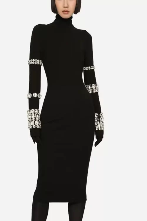 Women’s Black Sexy Long Sleeve High Neck Diamond Strap Party Evening Dress