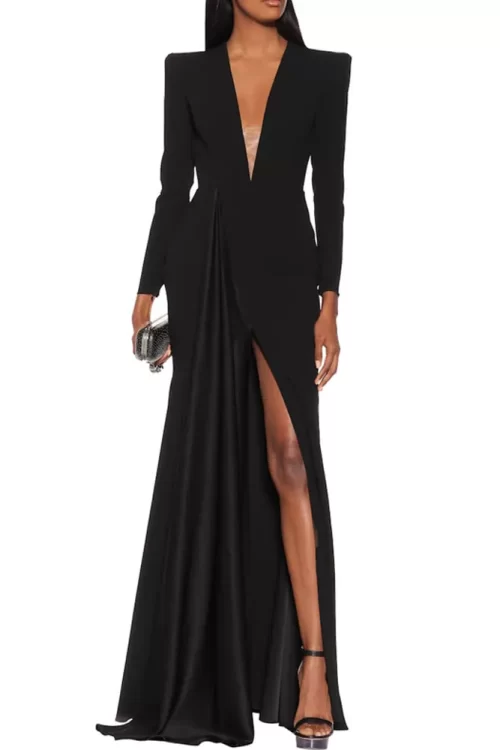 High Waist V-neck Long Sleeve Split Fork Dresses for Ladies