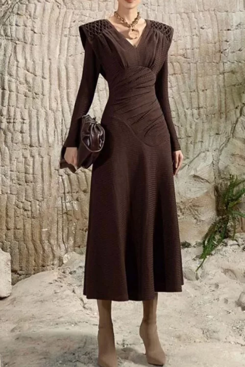 Casual Long Sleeve V-Neck Brown Folds Ladies Dress