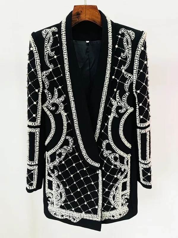 TOP QUALITY 2023 Newest Fashion Designer Women s Shawl Collar Stunning Diamonds Pearls Beaded Black Blazer 1