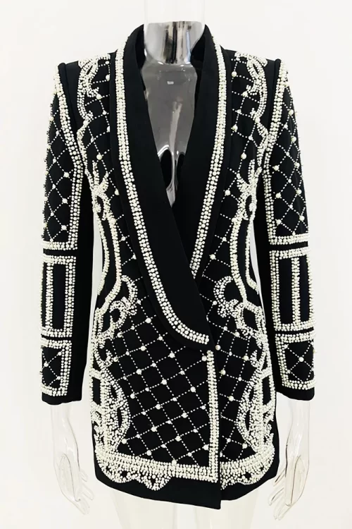 Women’s Shawl Collar Stunning Diamonds Pearls Beaded Black Blazer Dress