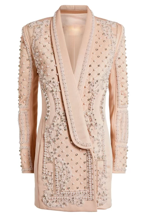 Women’s Shawl Collar Stunning Diamonds Pearls Beaded Blazer Dress