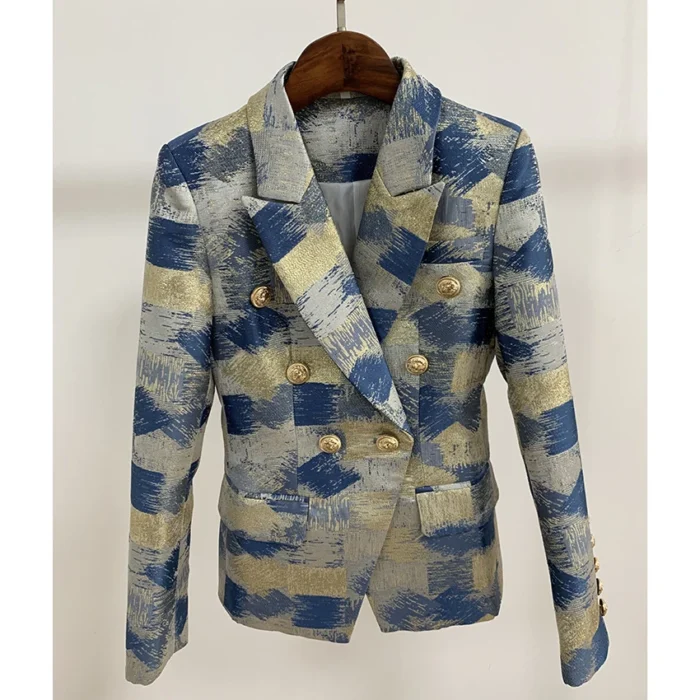 TOP QUALITY Stylish 2023 Designer Blazer Women s Lion Buttons Double Breasted Colo Block Jacquard Blazer 2