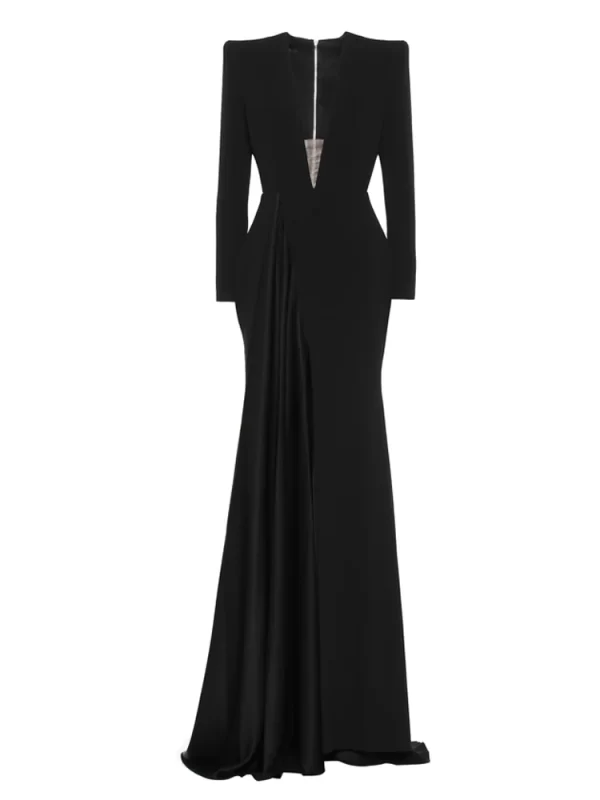 VKBN News Party Evening Dresses Women Fashion High Waist V neck Long Sleeve Split Fork Dresses 1