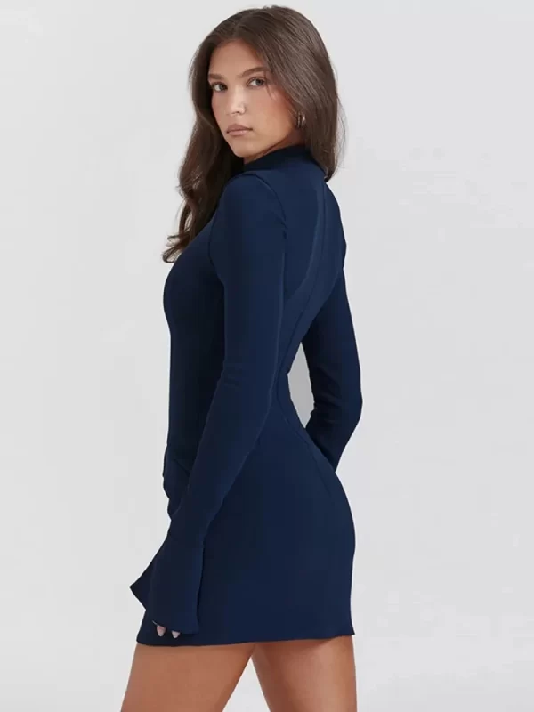 Women Elegant Dark Blue Commuting Mini Dress 2023 Autumn Sexy Pocket Long Sleeve Bodycon Dresses Lady 1