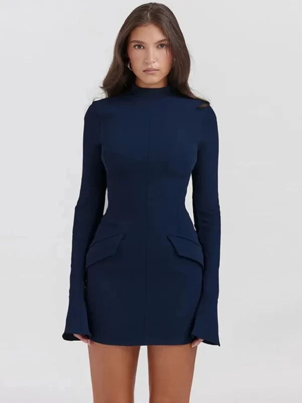 Women Elegant Dark Blue Commuting Mini Dress 2023 Autumn Sexy Pocket Long Sleeve Bodycon Dresses Lady 2