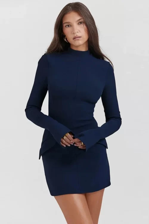 Women Dark Blue Long Sleeve Sexy Pocket Bodycon Dress