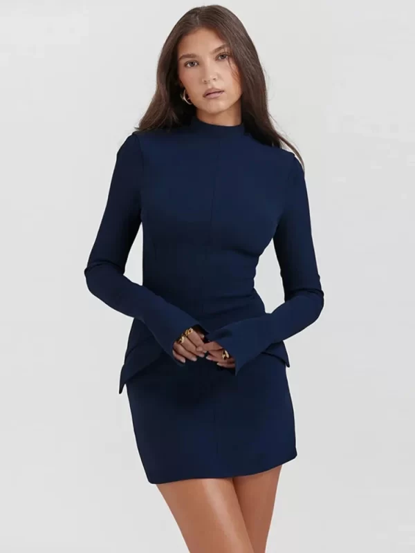 Women Elegant Dark Blue Commuting Mini Dress 2023 Autumn Sexy Pocket Long Sleeve Bodycon Dresses Lady