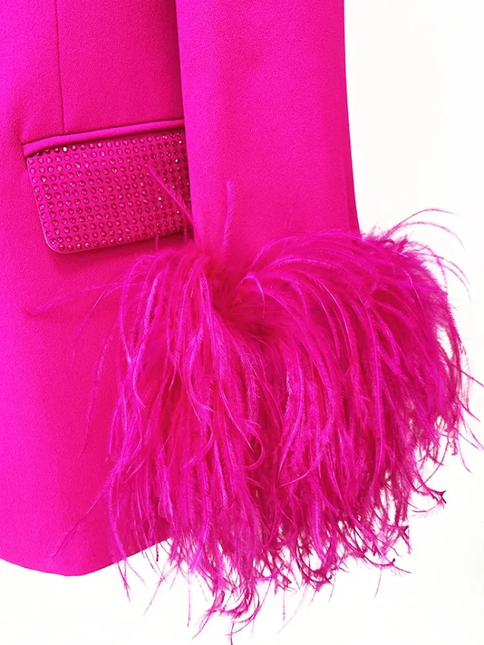 Hot Pink Pant Suits Ostrich Feather 2023 Fashionable Luxury Real Feather Embellished Diamond Shawl Collar Suit 3