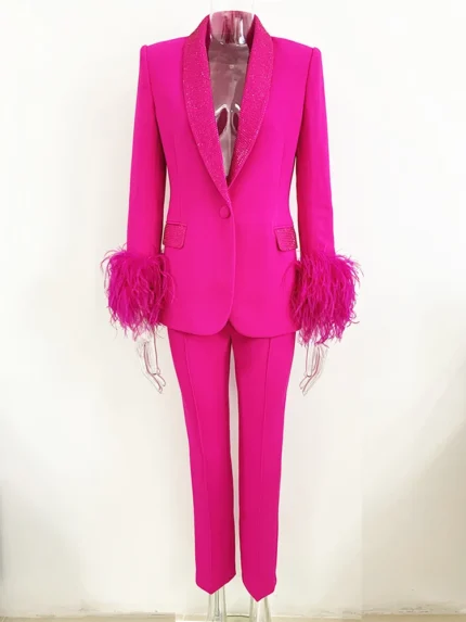 Hot Pink Pant Suits Ostrich Feather 2023 Fashionable Luxury Real Feather Embellished Diamond Shawl Collar Suit