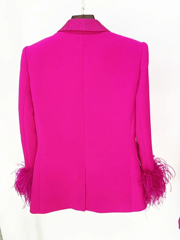 Hot Pink Pant Suits Ostrich Feather 2023 Fashionable Luxury Real Feather Embellished Diamond Shawl Collar Suit 5