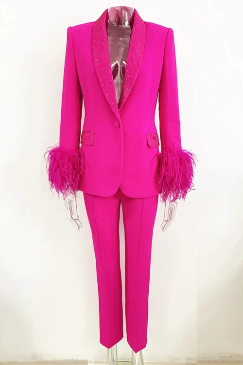 Two-Piece Pink Ostrich Feather  Blazer Set