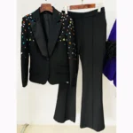 Fashion New Women Suits Nail Bead Colorful Diamond Slim Fit Coat Micro Flared Pants Set Two 1