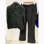 Fashion New Women Suits Nail Bead Colorful Diamond Slim Fit Coat Micro Flared Pants Set Two 2