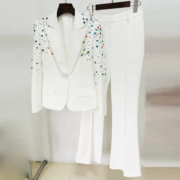 Fashion New Women Suits Nail Bead Colorful Diamond Slim Fit Coat Micro Flared Pants Set Two 3