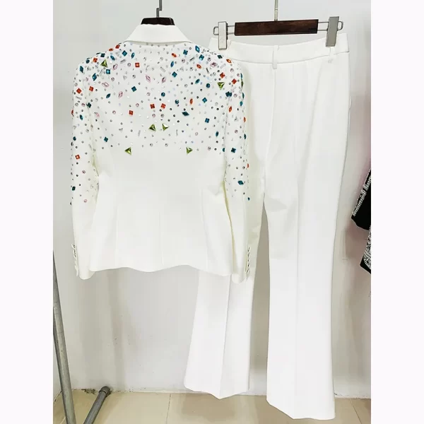 Fashion New Women Suits Nail Bead Colorful Diamond Slim Fit Coat Micro Flared Pants Set Two 4