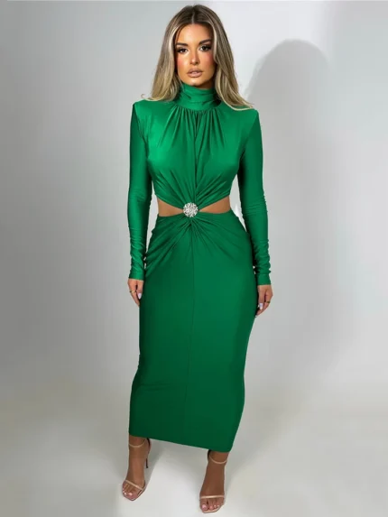 Mozision Elegant Hollow Out Sexy Maxi Dress For Women Autumn Winter New Turtleneck Long Sleeve Bodycon