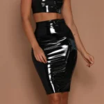 Women PU Leather High Waist Wet Look Bodycon Pencil Midi Skirts Dress Club Party Sexy Lady 2