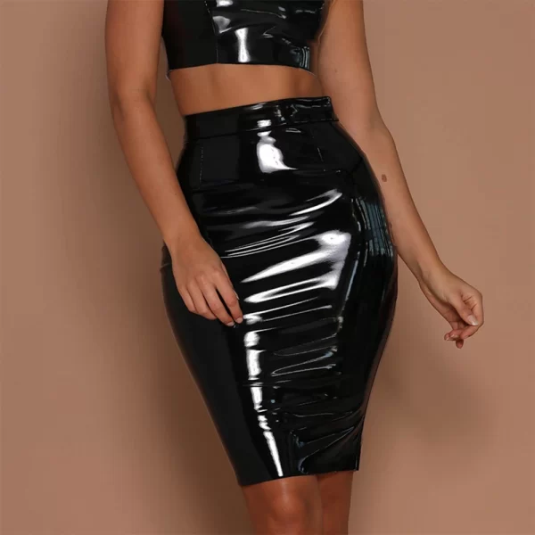 Women PU Leather High Waist Wet Look Bodycon Pencil Midi Skirts Dress Club Party Sexy Lady 2