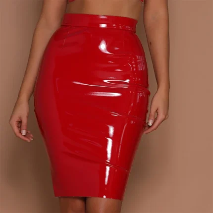 Women PU Leather High Waist Wet Look Bodycon Pencil Midi Skirts Dress Club Party Sexy Lady