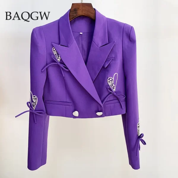 Women s Love Heart Diamonds Buttons Patchwork Crop Blazer Skirt Luxury Matching Suit Casual Designer RHinestoned 1