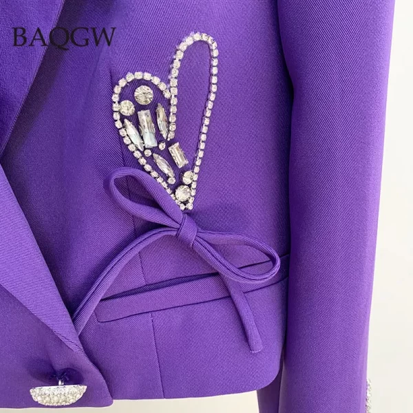 Women s Love Heart Diamonds Buttons Patchwork Crop Blazer Skirt Luxury Matching Suit Casual Designer RHinestoned 3