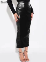 ZANZEA Women PU Leather Midi Skirts Fashion High Waist Long Jupes Holiday Sold Pleated Silm Faldas 3